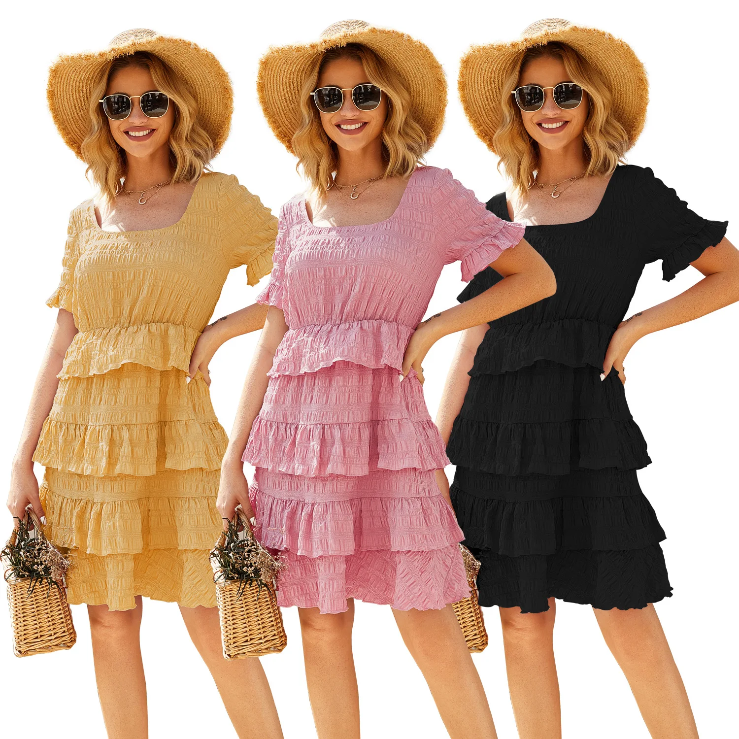

Women's Dress Hot Selling Solid Color Layered Cascading Ruffle Dress