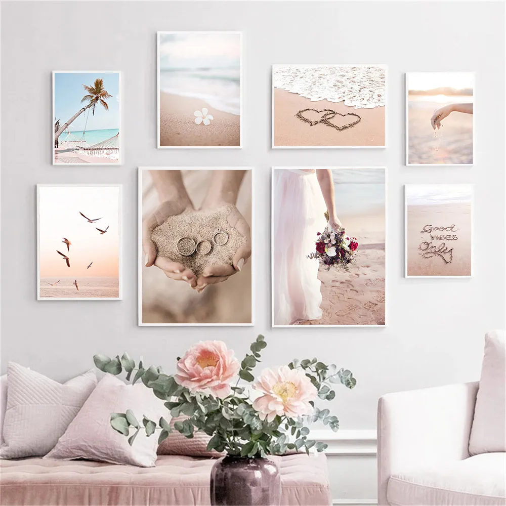 

Sea Beach Girl Waves Poster Seagull Palm Tree Print Painting Love Wall Art Posters Nordic Wall Pictures Living Room Home Decor