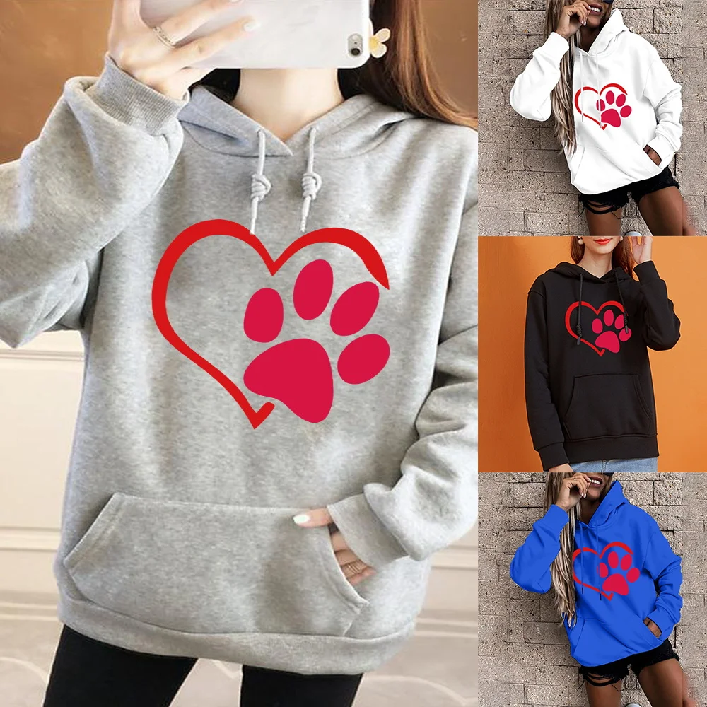

Harajuku Hoodie Footprint Print Women's Base Long Sleeve Top Loose Pocket Hoodie Sweatshirt Girls Casual Ladies Sports Pullover