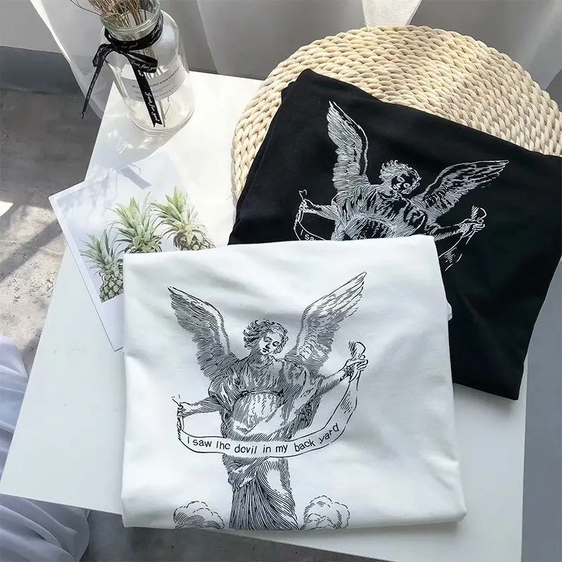 

2021 Spring Harajuku Tshirt Women Patchworked Print Gothic Short sleeve T-Shirt Women Korean Clothes Camiseta mujer