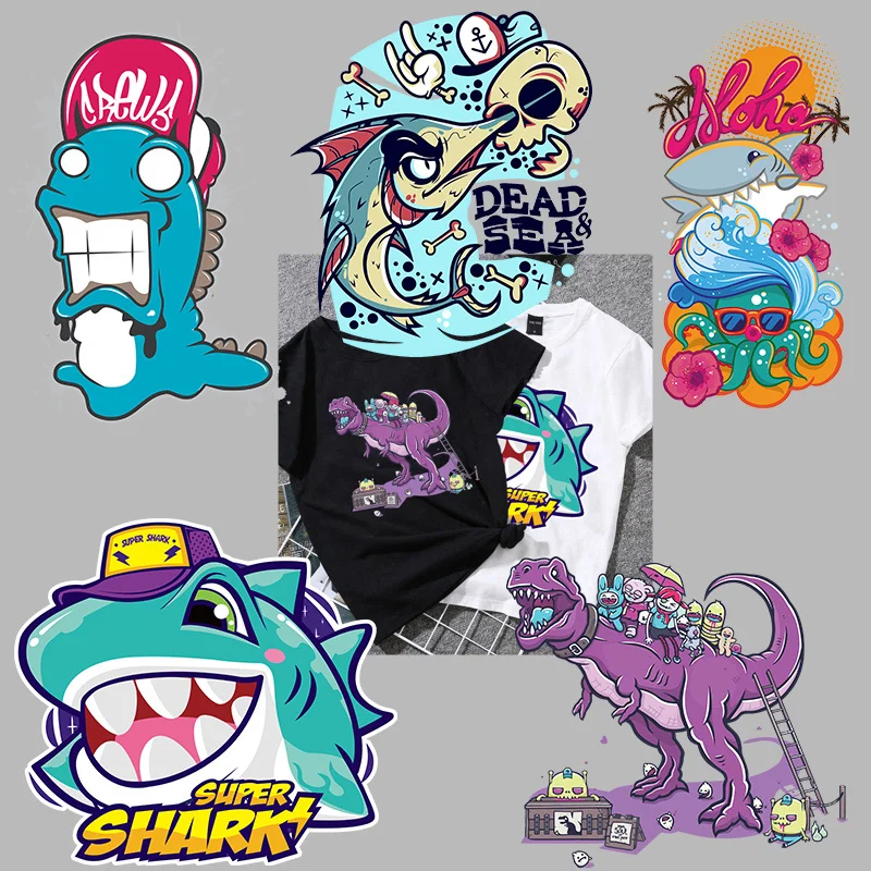 

Динозавр, Акула, мультфильм животных, сделай сам, Детская футболка, рюкзак, виниловый предохранитель для теплопередачи украшения