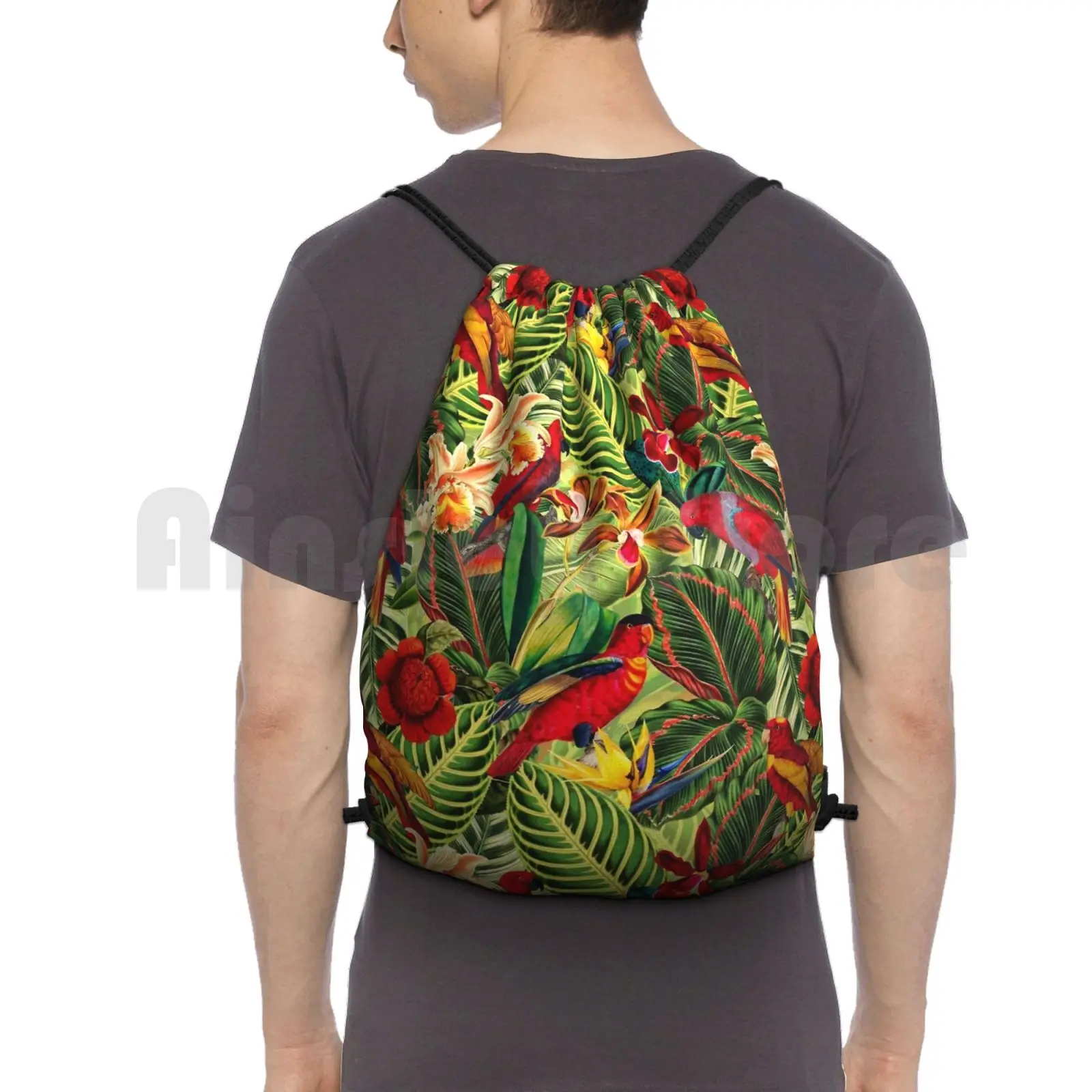 

Vintage Tropical Bird Jungle Garden Backpack Drawstring Bag Riding Climbing Gym Bag Bird Birds Nature Animals Parrot Jungle