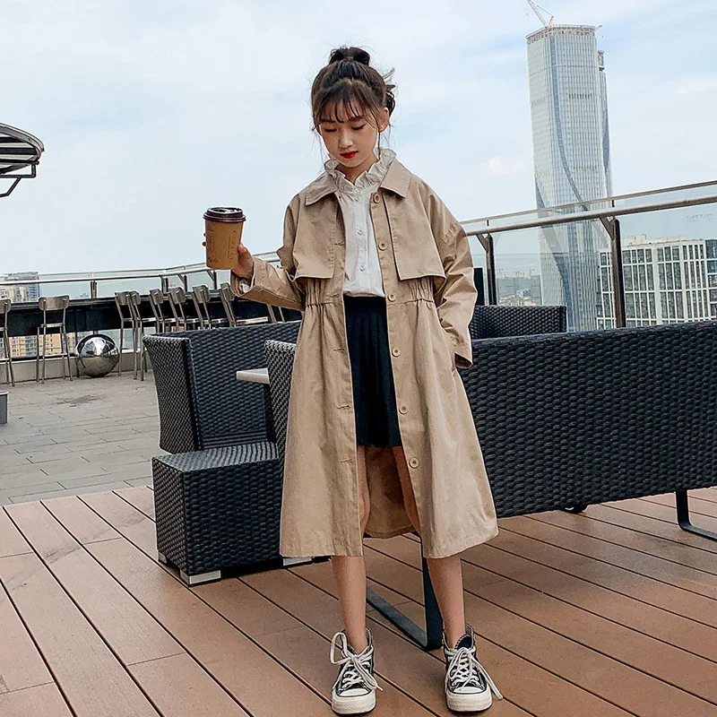 

Girls Long Trench Double Breasted Jacket For Girls Clothing Khaki Tops Kids Windbreaker Spring Autumn Teens Outerwear 4 6 8 10 Y