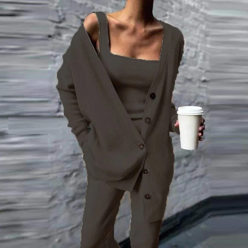 

Women knit Three Piece Set Spring Solid Long Sleeve Tracksuit Loose Winter Warm Top And Casual Pant Suits Streetwear Mujer Sets