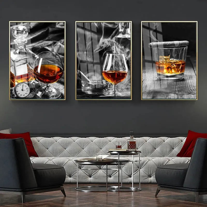 

Современная Настенная картина в скандинавском стиле с изображением винной чашки, модный постер с изображением винной чашки, сигары, Офисна...