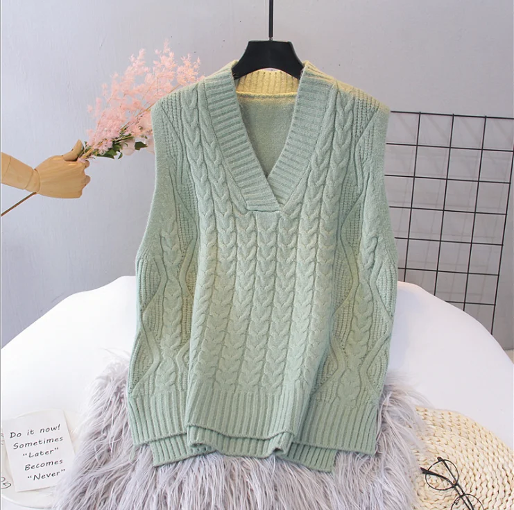 

2021 Knitted Vest Woman Simple All-match V-neck Knitted Sweater Leisure Student Sleeveless Female Vintage Sweater Waistcoat
