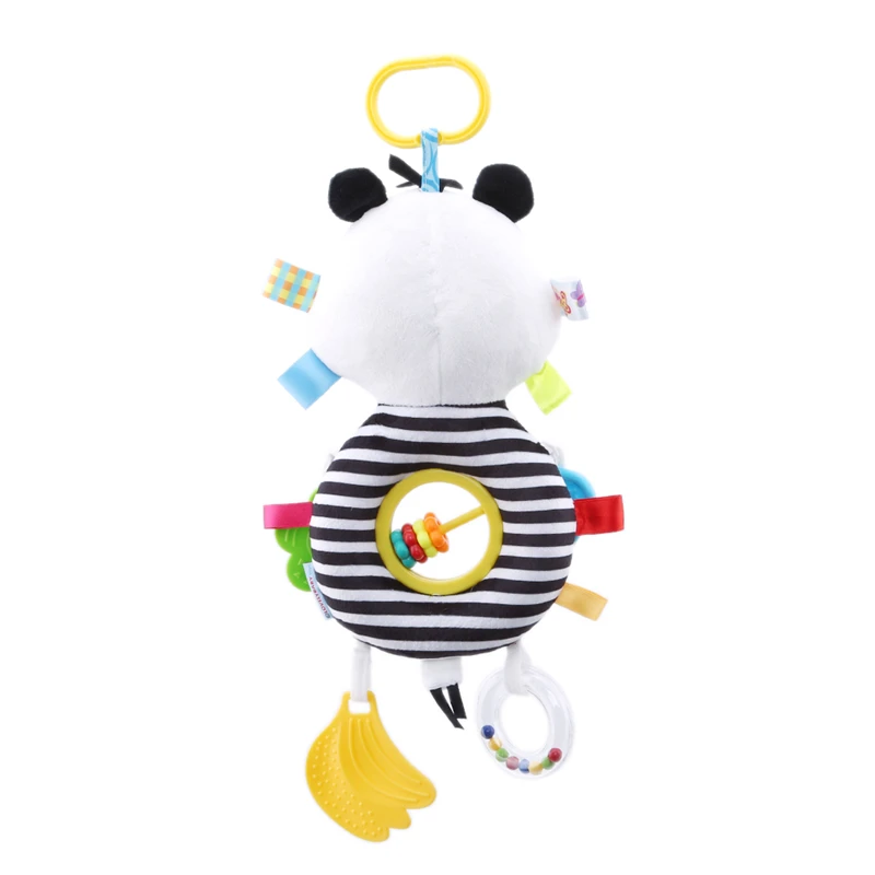 Черно белая полосатая подвесная погремушка в виде мультяшной коровы с гелем для