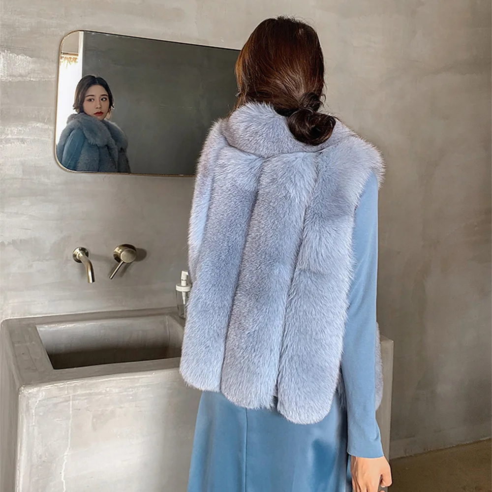 TOPFUR Natural Real Fox Fur Vest Women Turn Down Collar Winter Coat Luxury Striped Fur Coats With Pockets Warm Female Jacket