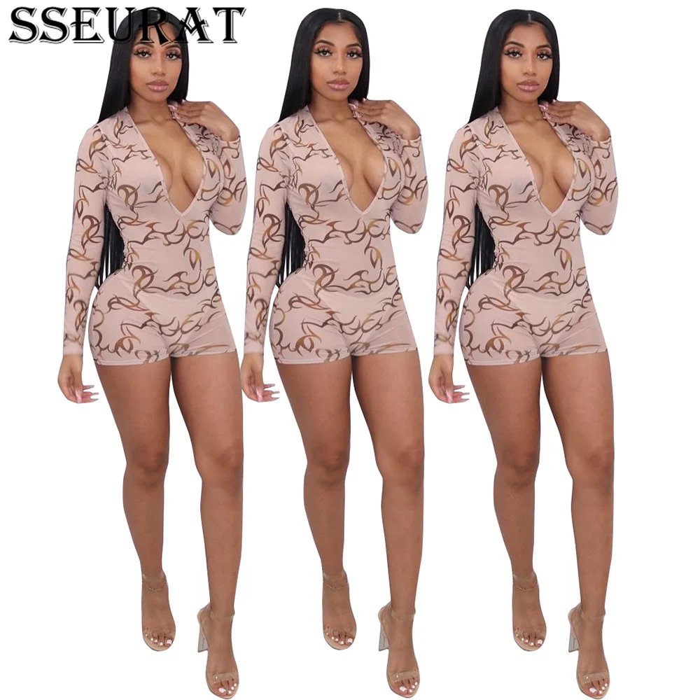 

SSEURAT Women Playsuit Print V-neck Long Sleeve Playsuit Sheath Elastic Bodycon Rompers Sexy Streetwear Outfit 2021