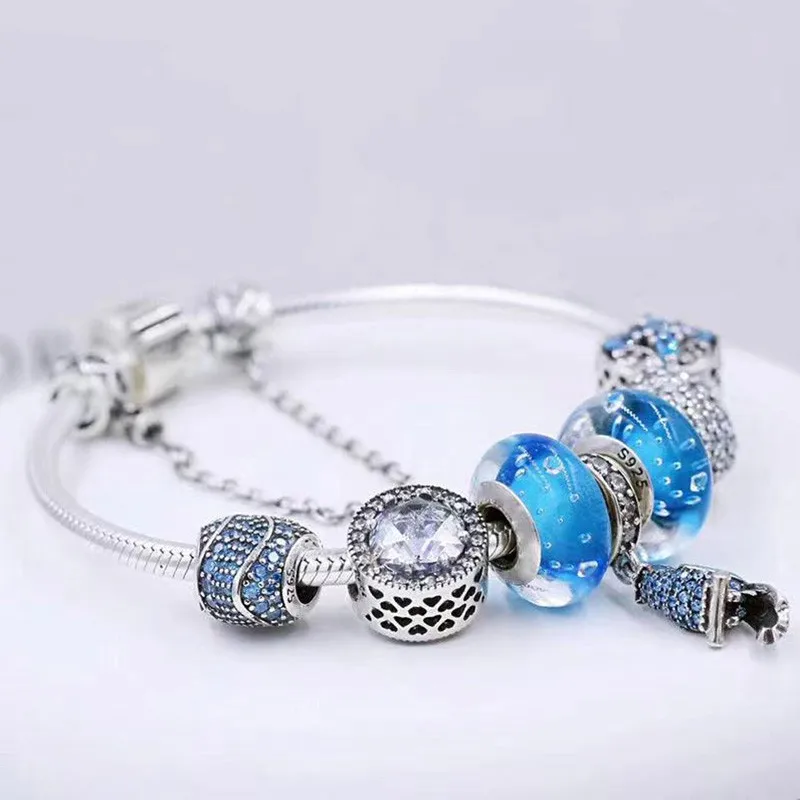 

S925 Sterling Silver Blue Cz Parrot Pendant With Glass Beads And Classic Button Bracelet The Most Popular Diy Jewelry For Women