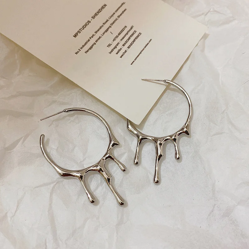 

LOVOACC French Silver Color Metal Hollow Big Round Hoop Earrings for Women Girls Irregular Waterdrop Pendant Earring Jewelry