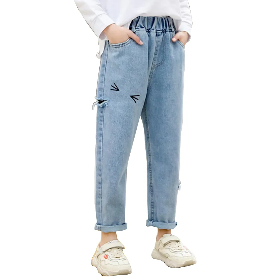 Джинсы для девочек рваные джинсы с мультяшным котом Повседневные детские