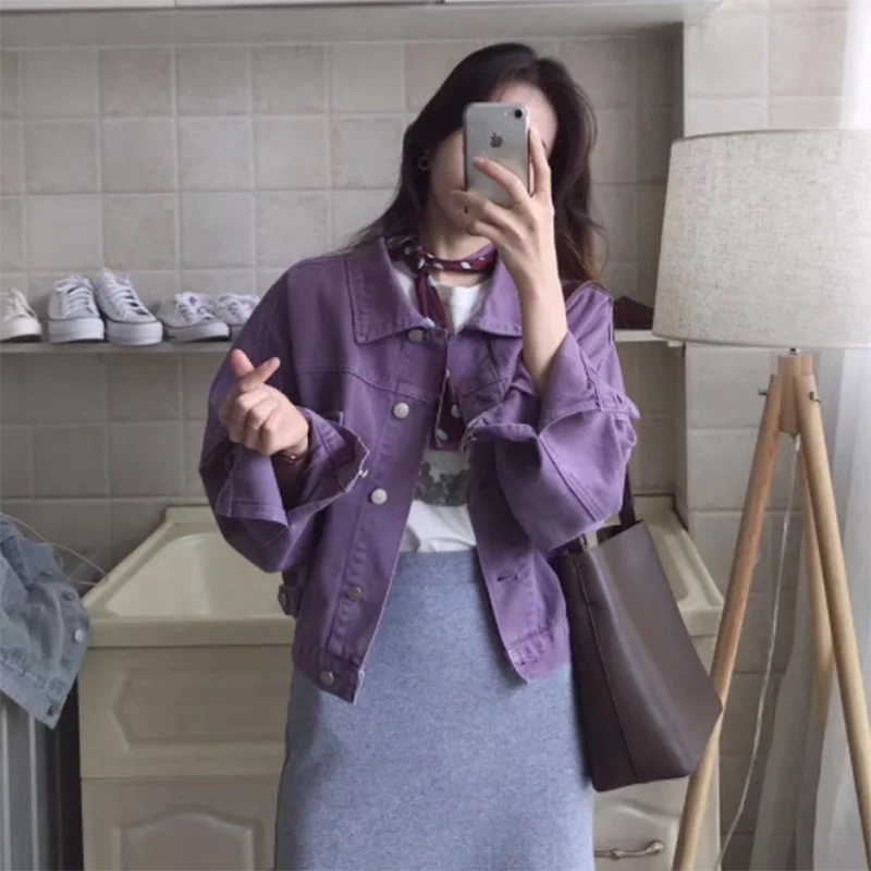 Куртка джинсовая женская с отложным воротником фиолетовая розовая |