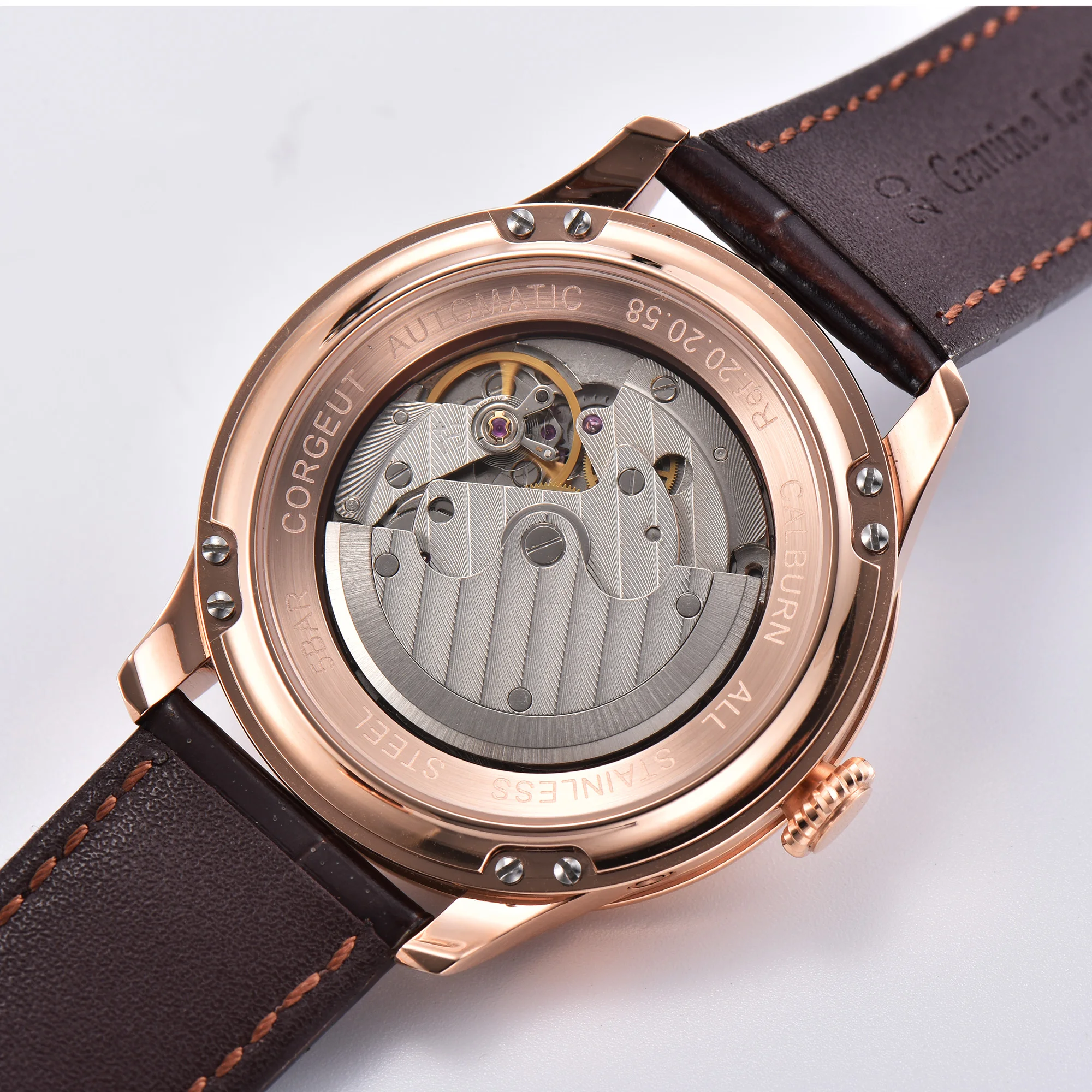 

Corgeut Mens Watch Power Reserve Rosegolad Case White 40mm Luxury Top Brand Leather Seagull Automatic Clock Wristwatches Mens