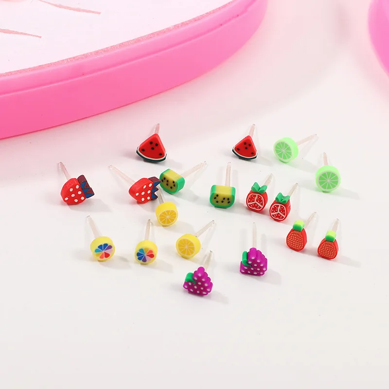 36 Pairs/set Handmade Earrings Girls Fruit Animal Clay Earring Stud Sets Childen Earring Set Mix With Heart Box Earrings Jewelry