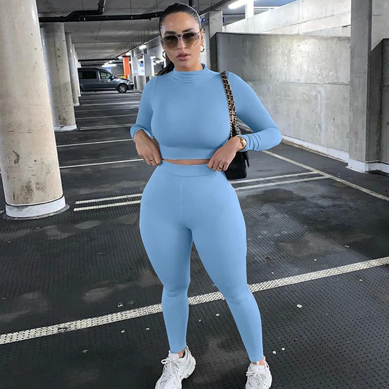 

New Trendy Racksuit Women Turtleneck Long Sleeve Crop Top+leggings Matching Set Super Strechy Sporty Fitness Trend Outfits 2021