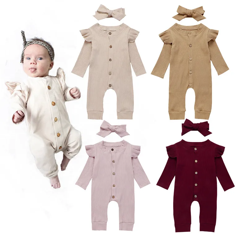 Newborn Baby Girls Boys Clothes Knitted Ruffle long sleeve Button round neck Romper solid bow Headband 2pc kids Autumn Outfits | Детская