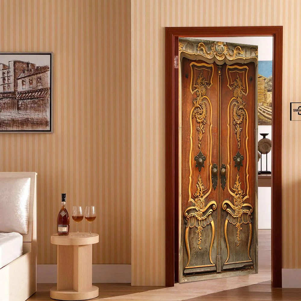 

3D creative European style wooden door stickers wall stickers self-adhesive waterproof removable