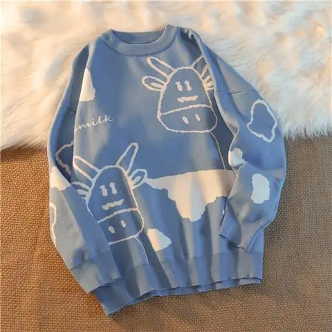

2021 New Fashion Women Loose Pullover Sweater Cow Bow Christmas Gift Snowflake Reindeer Sweater