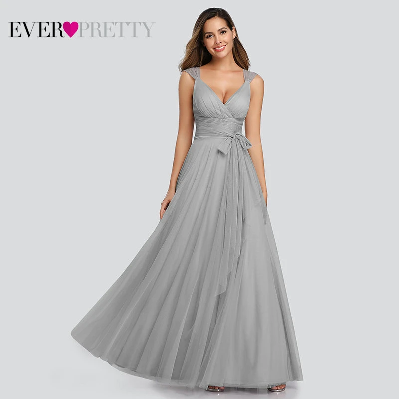 Grey Длинные платья для выпускного Ever Pretty, платья из тюля с V-образным вырезом, без рукавов, трапециевидного силуэта, сине-зеленого, розового цвета, EP07303, весна-лето - Цвет: Grey