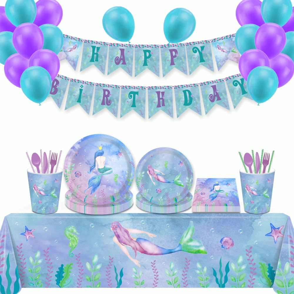 Набор одноразовой посуды для детского дня рождения с маленькой русалочкой | Дом и