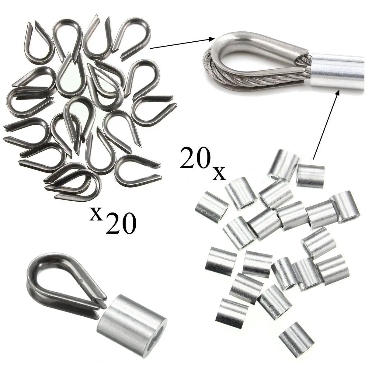 

20 Pack of 3.0mm Standard Thimbles & Ferrules For 1/8" 3.2mm Wire Rope Cable