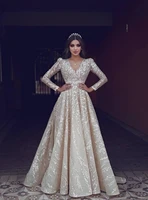 2022 arabic prom dresses v neck lace appliqued sweep train long sleeve evening dress a line custom made special occasion gowns