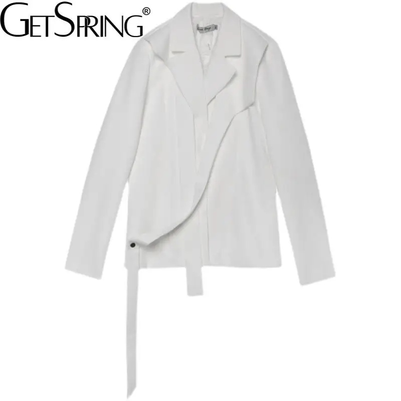 

GetSpring Women Blazer Asymmetric Ribbon Long Suit Blazer Long Sleeve Ladies Blazer Coat Women's Loose Suit Jacket Autumn 2021