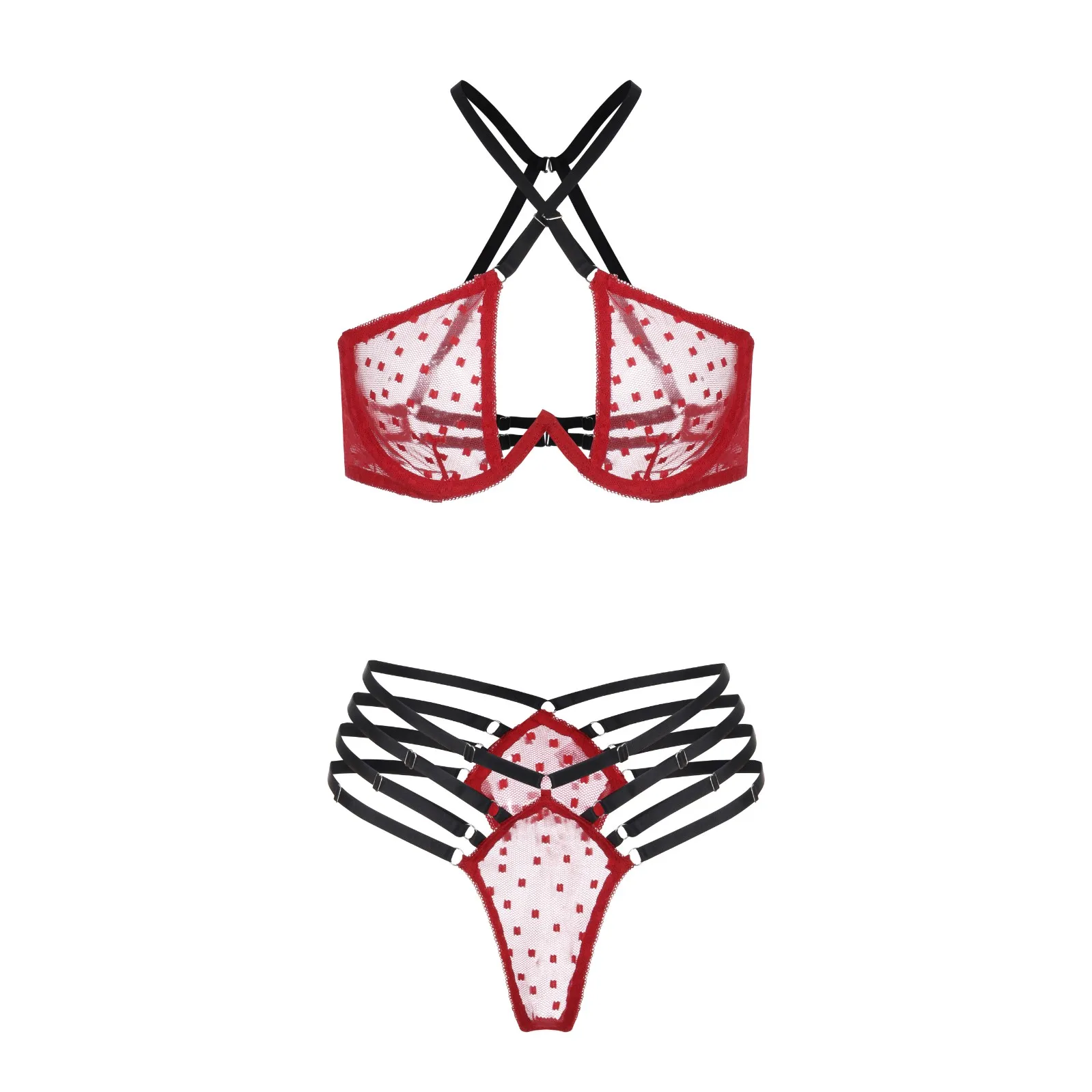 

Women Charming Lingerie Set Printed Lace Mesh Sexy Lingerie Cross See-through Bra G-string Underwear Lenceria Transparente Mujer