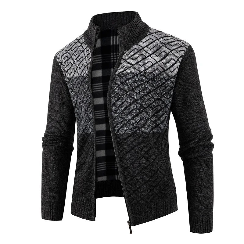 

New Men's Stand-up Collar Cardigan Sweater Fashion Color Matching Knitted Thick Warm Jacket