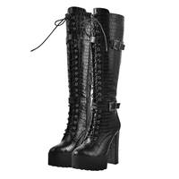 richealnana knee high platform lace up boots chunky high heels matte black buckle decoration zipper crocodile print punk