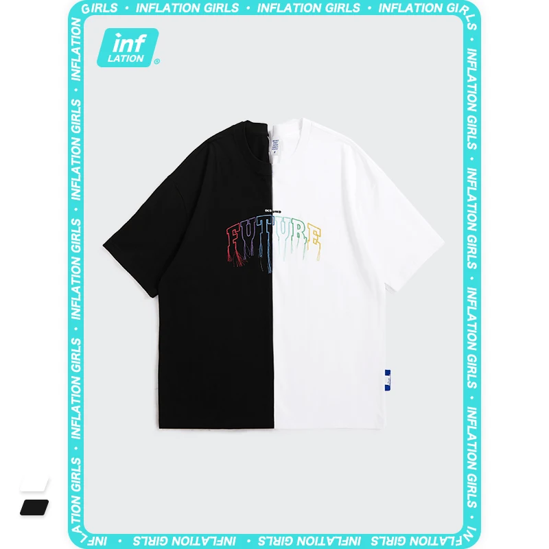 

INFLATION White Cotton T-shirts Women Letter Embroidery Tees 2021 Stylish Round Neck Drop Shoulder Woman Casual T-shirt
