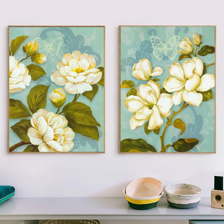 

Flower Decoration Painting Vintage Color Home Decoration Canvas Painting Living Room Wall Decoration White Flower Poster Retro