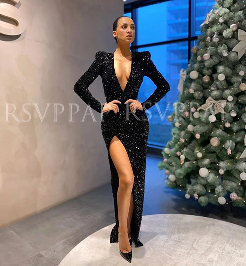 Блестящие длинные черные вечерние платья 2020 Сексуальные с высоким разрезом и