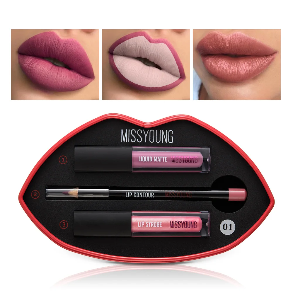 

Lip Gloss 2+1 Set Lip Pencil Lipstick Easy To Wear Long-lasting Moisturizing Matte Pearlescent Women Sexy Lip Glaze