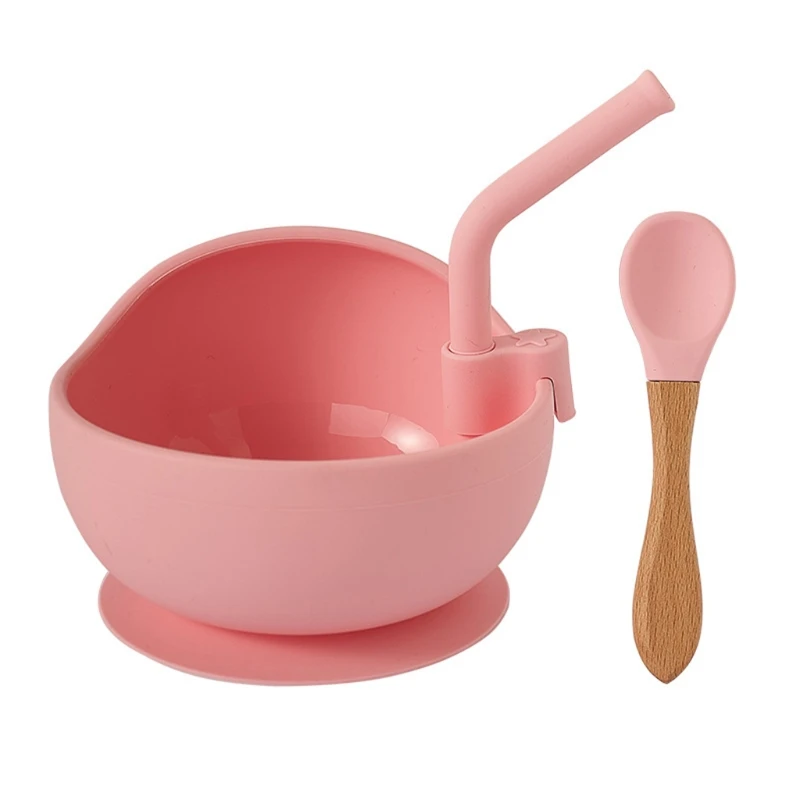 

J60B Baby Silicone Dinner Plate Sucker Bowl with Straw Spoon Set Anti Slip Suction Dish Training Feeding Tableware for Toddle