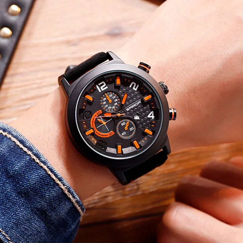 Новое поступление модные деловые мужские часы водонепроницаемые три глаза шесть