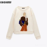 2021 za women pullover autumn new fashion loose print sweatshirts vintage o neck long sleeve female pullovers chic tops