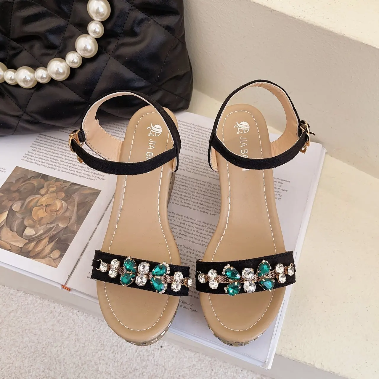 

SYNXDN Bohemia Rhinestone Women's Sandals Platform Wedges Heels 9cm Peep Toe Summer Sandalias Ankle Strap Flock Outdoor Slides