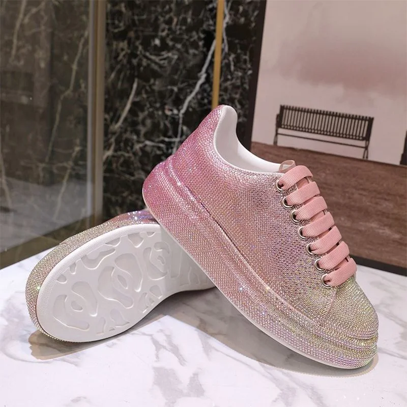 

2021 Autumn Women's Shoes New Full Diamond Platform Sneakers Brand Designer FemaleSports White Shine with Rhinestone Shoes