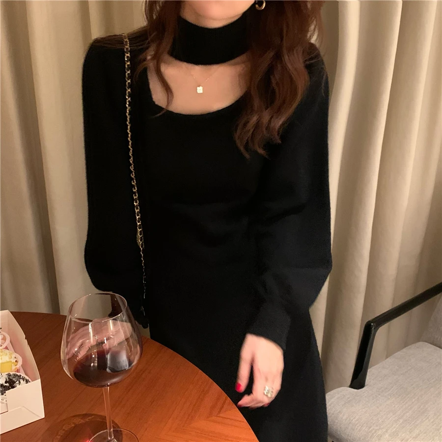 

Korean Chic Autumn and Winter Halter Cut-out Design French Style Sneaky Design Elegant Graceful Long Sleeve Knitted Dress for