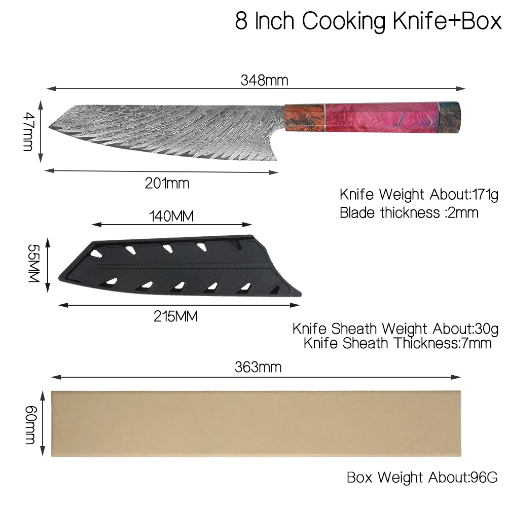 XYj 8-дюймовый нож шеф-повара из дамасской стали 67 слоев кухонный с выбранной