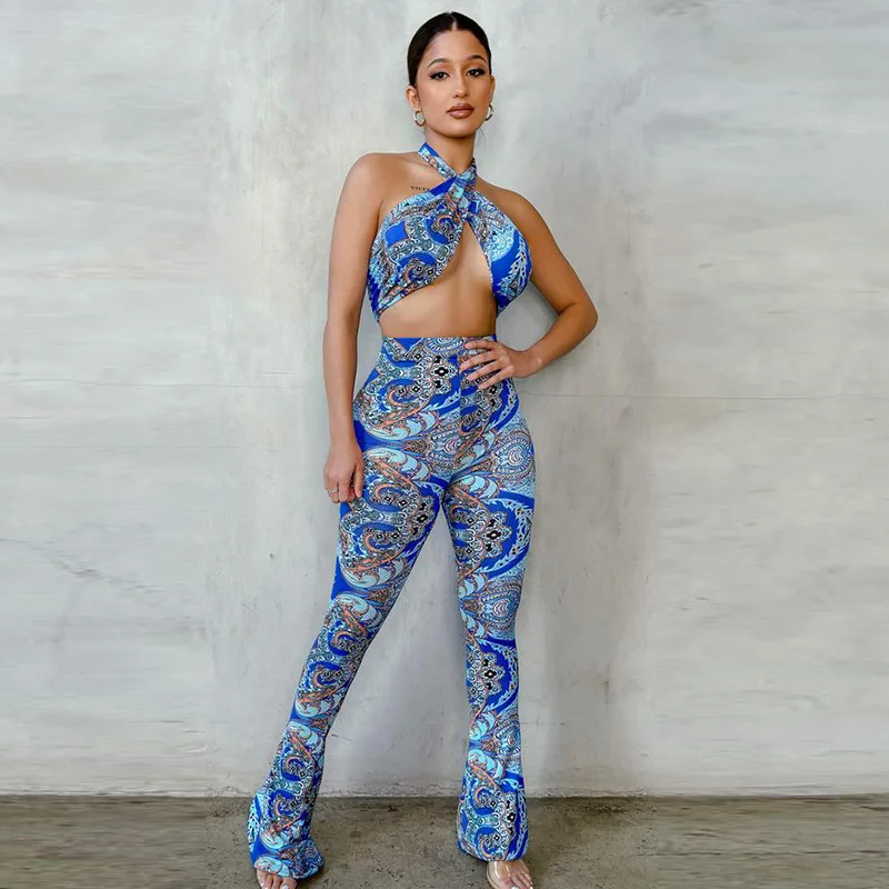 

Ladies New Tie-Dye Printed Cross-Hanging Neck T-shirt High Waist Flare Pants Pants Set