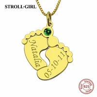 strollgorl 925 sterling silver engraved birthstone baby feet necklaces with name birthday customizable jewelry for mother gift