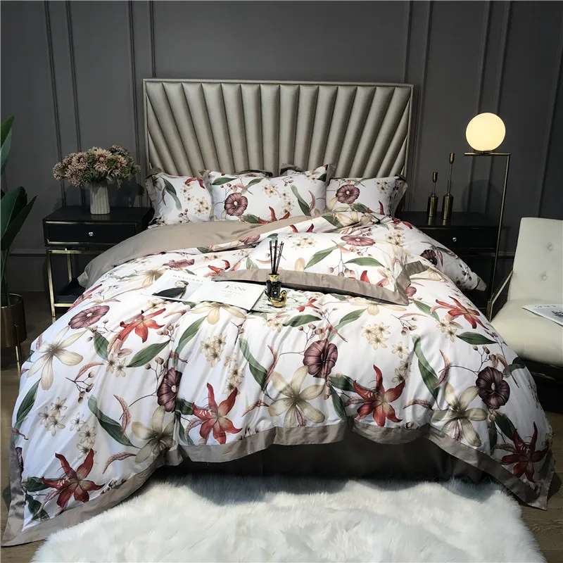 

Queen King size 4Pcs Blossom Flowers Duvet Cover 600TC Egyptian Cotton Sateen Silky Soft Luxury Bedding Set Bed sheet set
