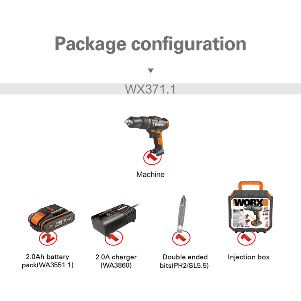 Worx 20V аккумуляторная ударная дрель шуруповерт WX371.1 электродрель отвертки