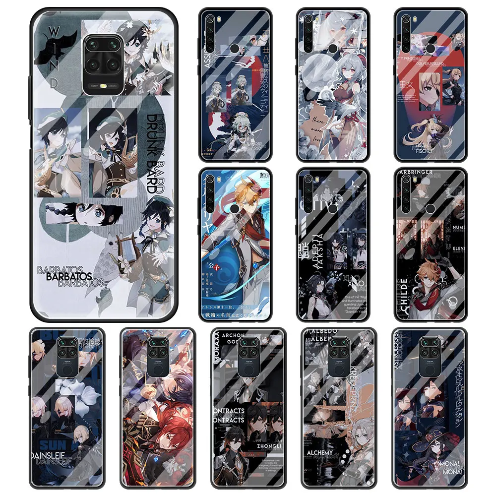 

Tempered Glass Phone Case For Xiaomi Redmi Note 10 11 Pro 9S 9T 9 8 8T 8A 7 9A 9C K40 10S Genshin Impact Game Cover Coque Fundas
