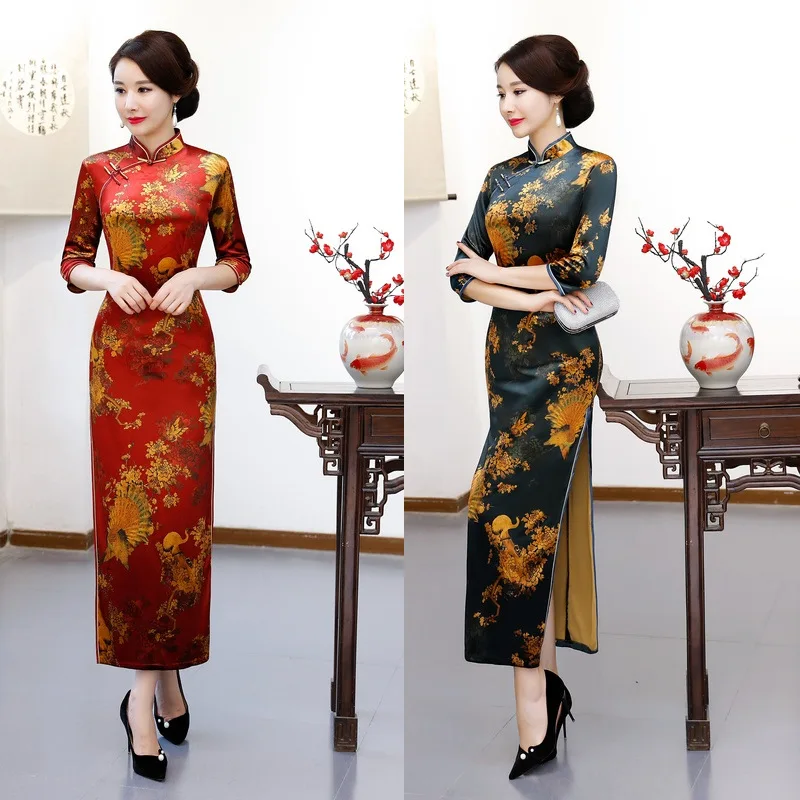 Женское длинное бархатное платье Ципао с цветочным рисунком размеры 3XL