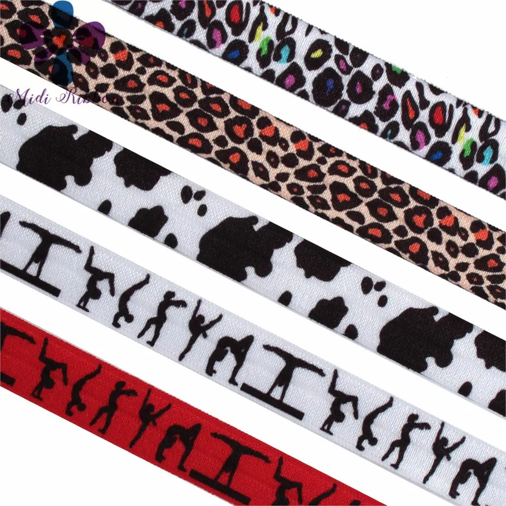

5/8"16mm Cartoon Colorful Leopard Love Gymnastics Printed Fold Over Elastic Ribbon DIY Hair Bowknots Gift Packing 50yards/roll