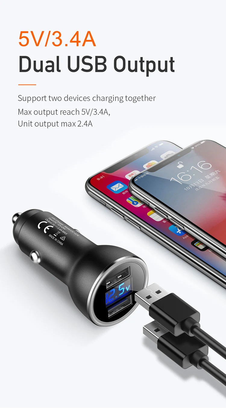 MCDODO 5V 3.4A металлическое USB Автомобильное зарядное устройство с двумя светодиодными цифровыми дисплеями адаптер, быстрая зарядка для iPhone XS samsung Xiaomi Мобильный телефон